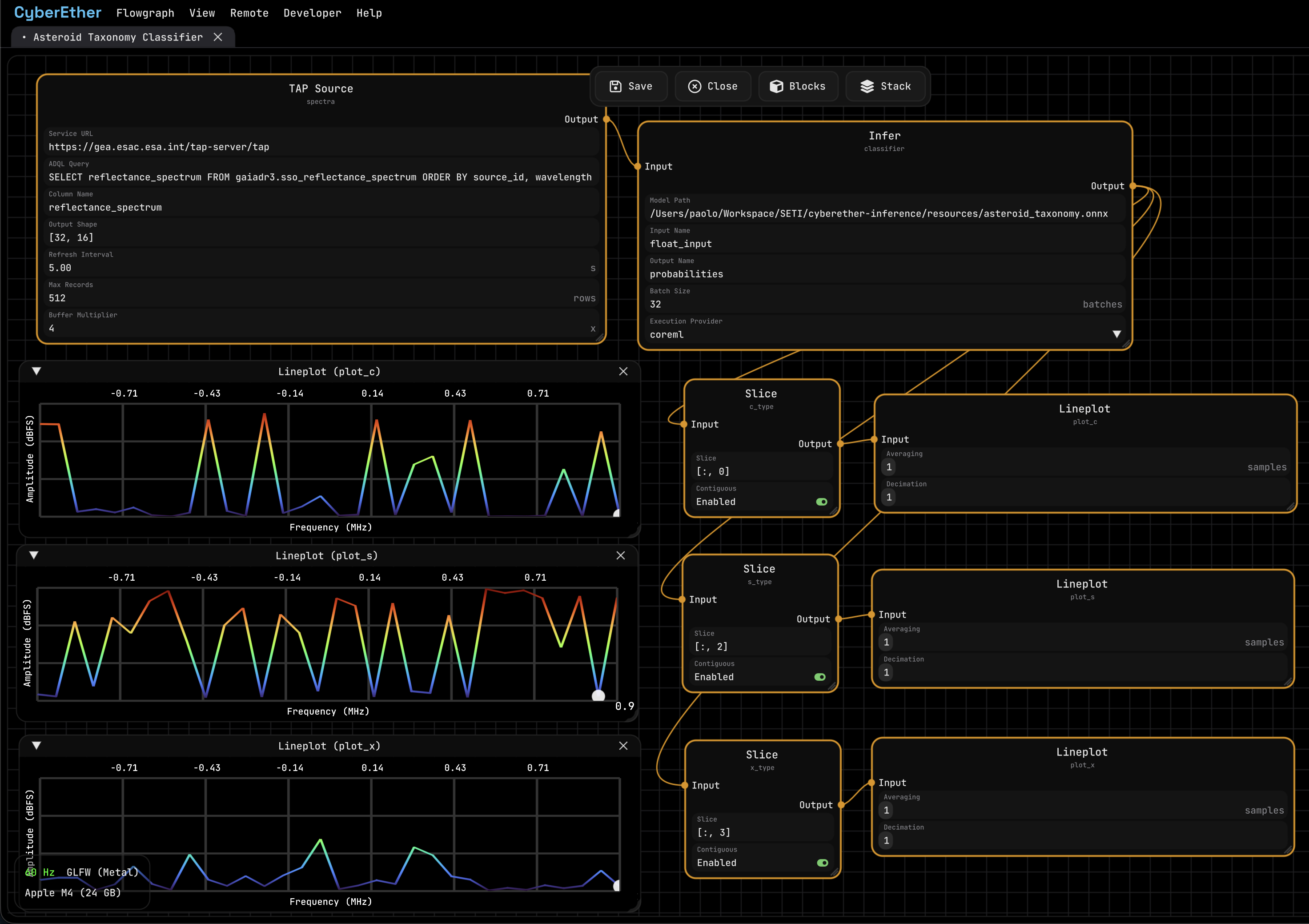 CyberEther flowgraph running an asteroid taxonomy classifier with Gaia data