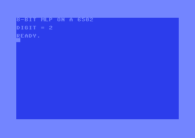 A Commodore 64 screen showing '8-BIT MLP ON A 6502' and 'DIGIT = 2'