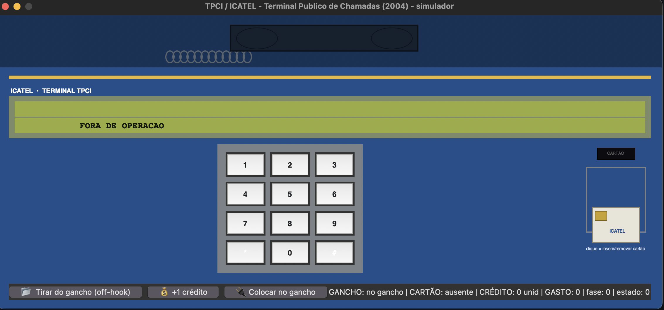 TPCI simulator idle screen showing FORA DE OPERACAO with no card inserted